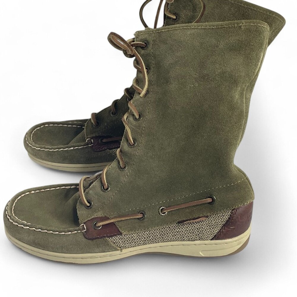 Sperry Top-Sider Olive Green Suede Boots Women's SZ 6 Leather Plaid Lace-Up Boot